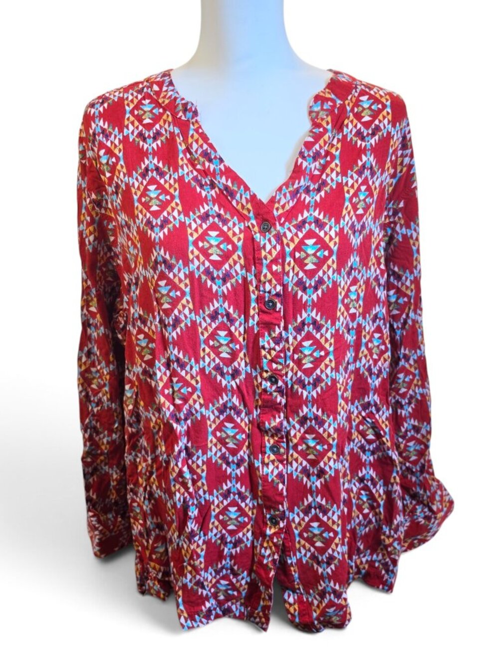 Simply Emma Red Aztec Print Button Down Long Sleeve Rayon Tunic Top